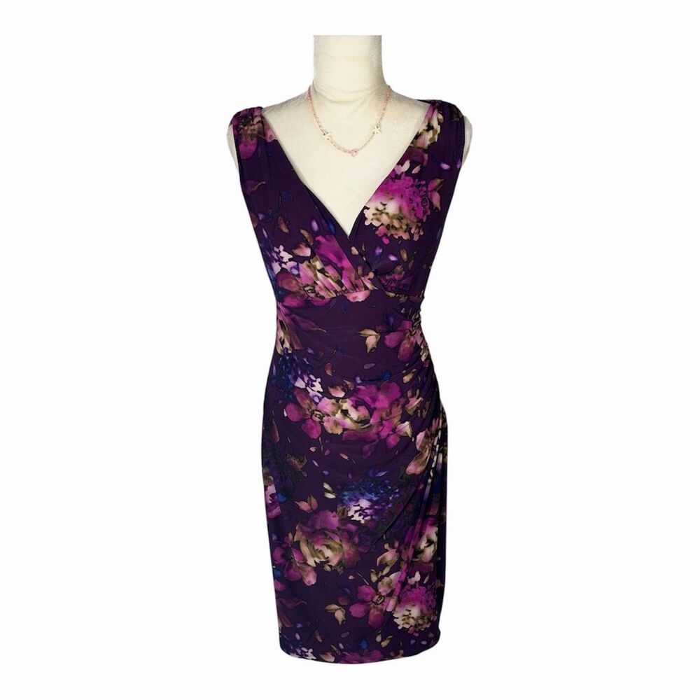 Lauren Ralph Floral Sheath Faux Wrap Dress Sz 14 Purple Plum Ruched Sleeveless
